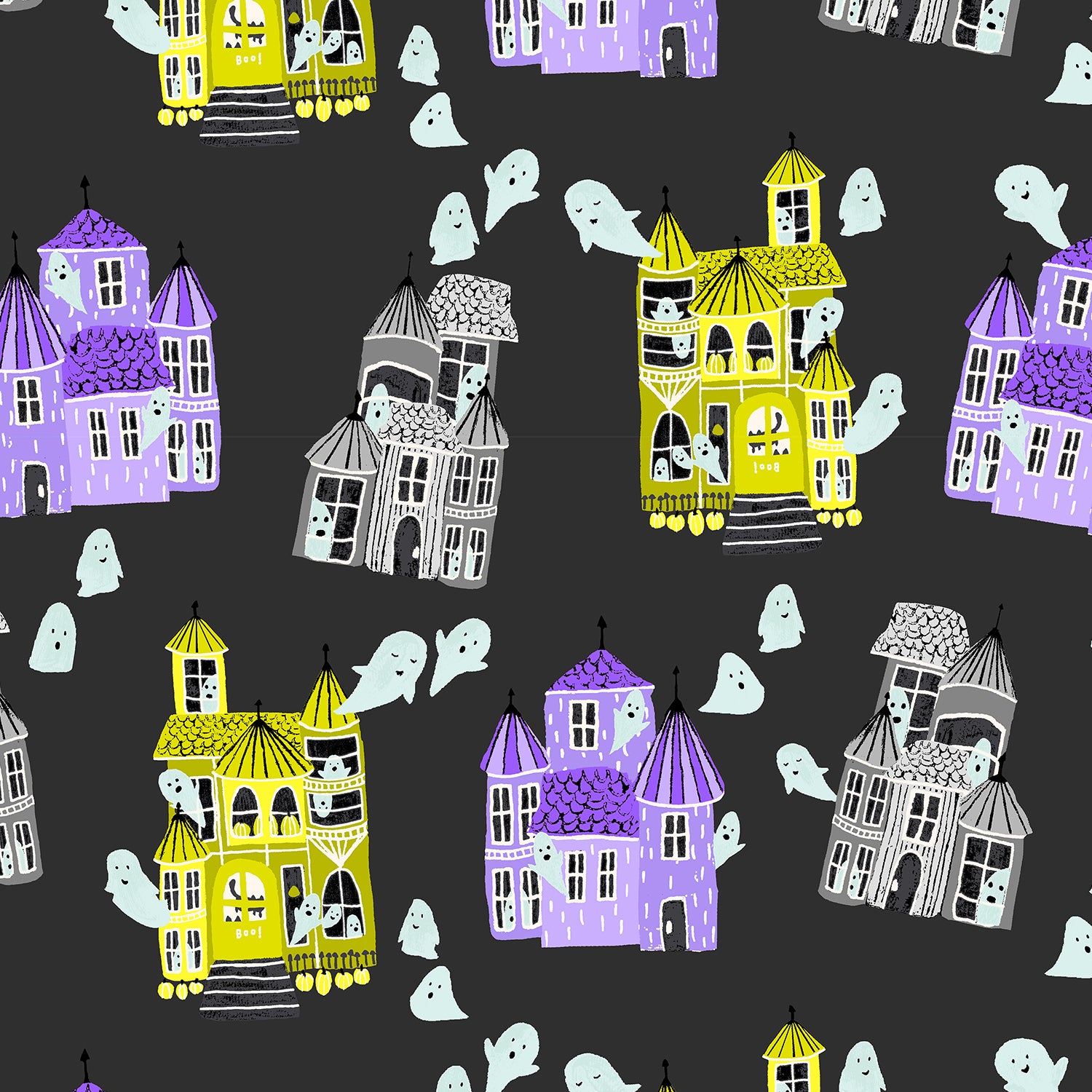 Pattern of haunted houses and ghosts on a dark background