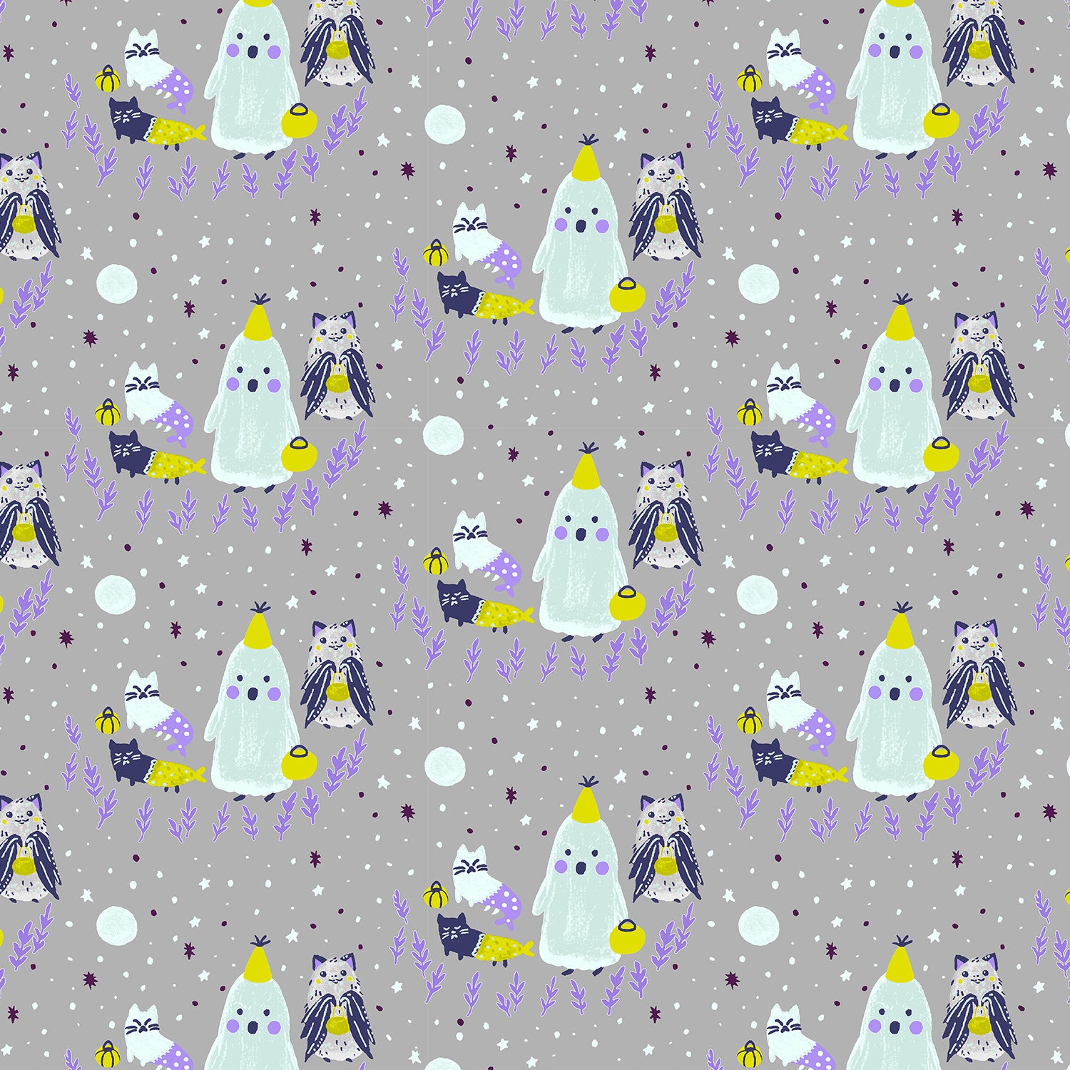 Pattern of ghosts, cats, and owls on a gray background with purple flowers.