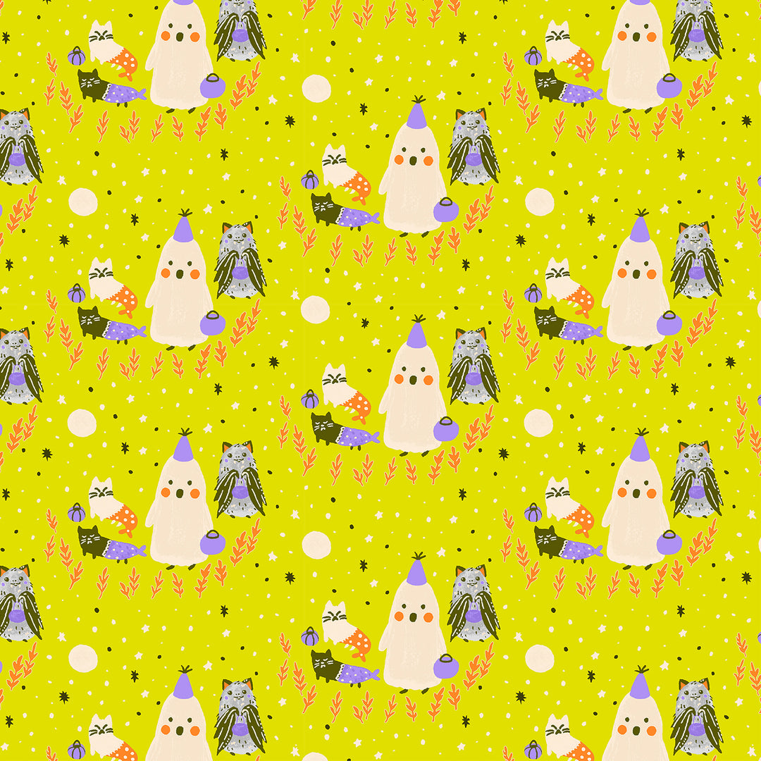 Pattern of cartoon ghosts and cats on a yellow background