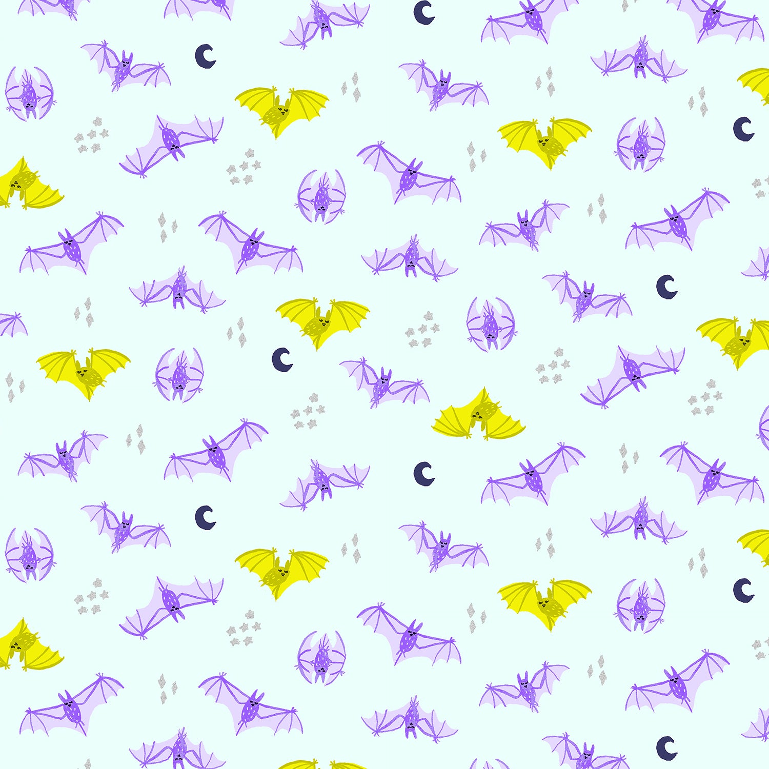 Pattern of purple and yellow bat illustrations on a white background