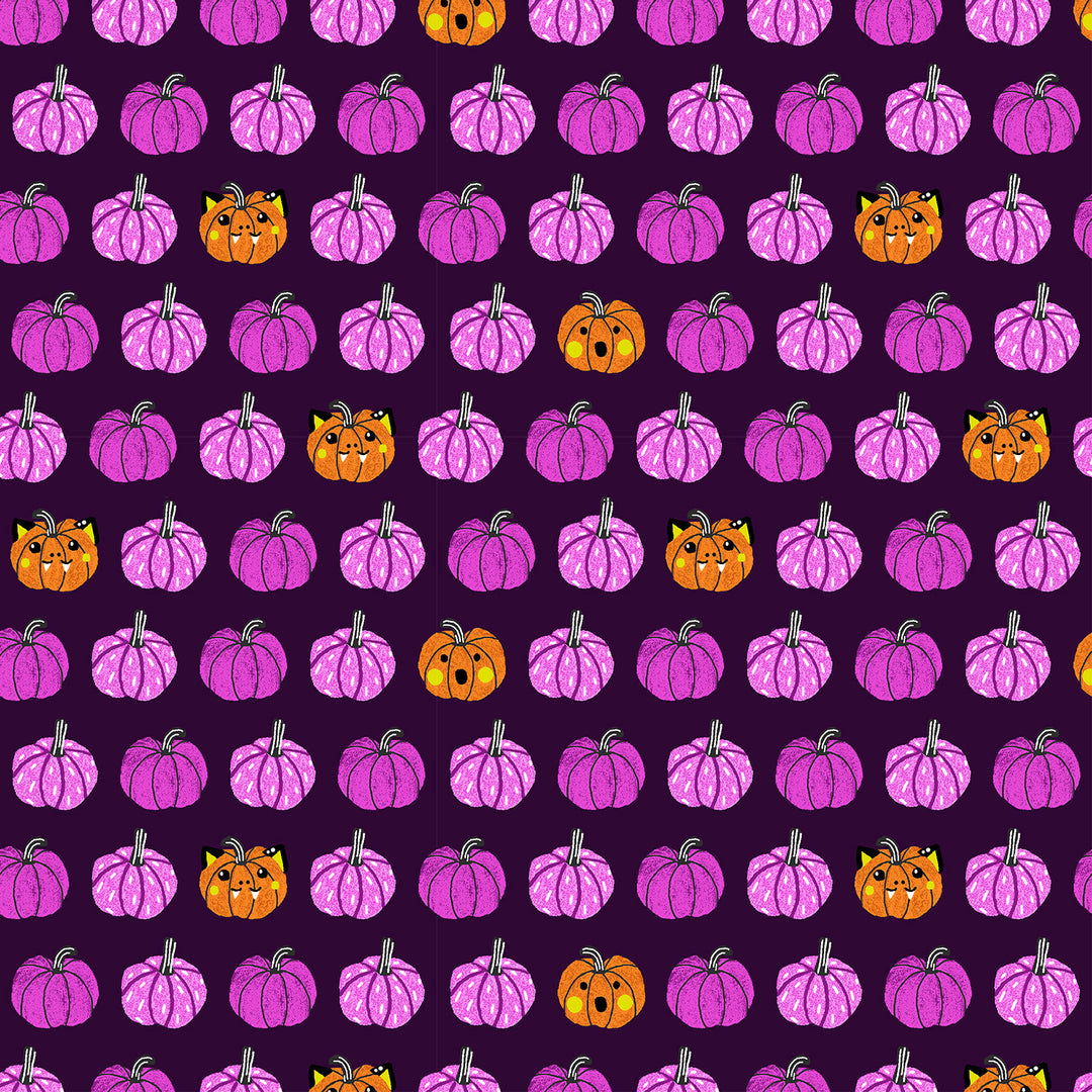 Pattern of pink pumpkins and orange pumpkins with black faces on a purple background