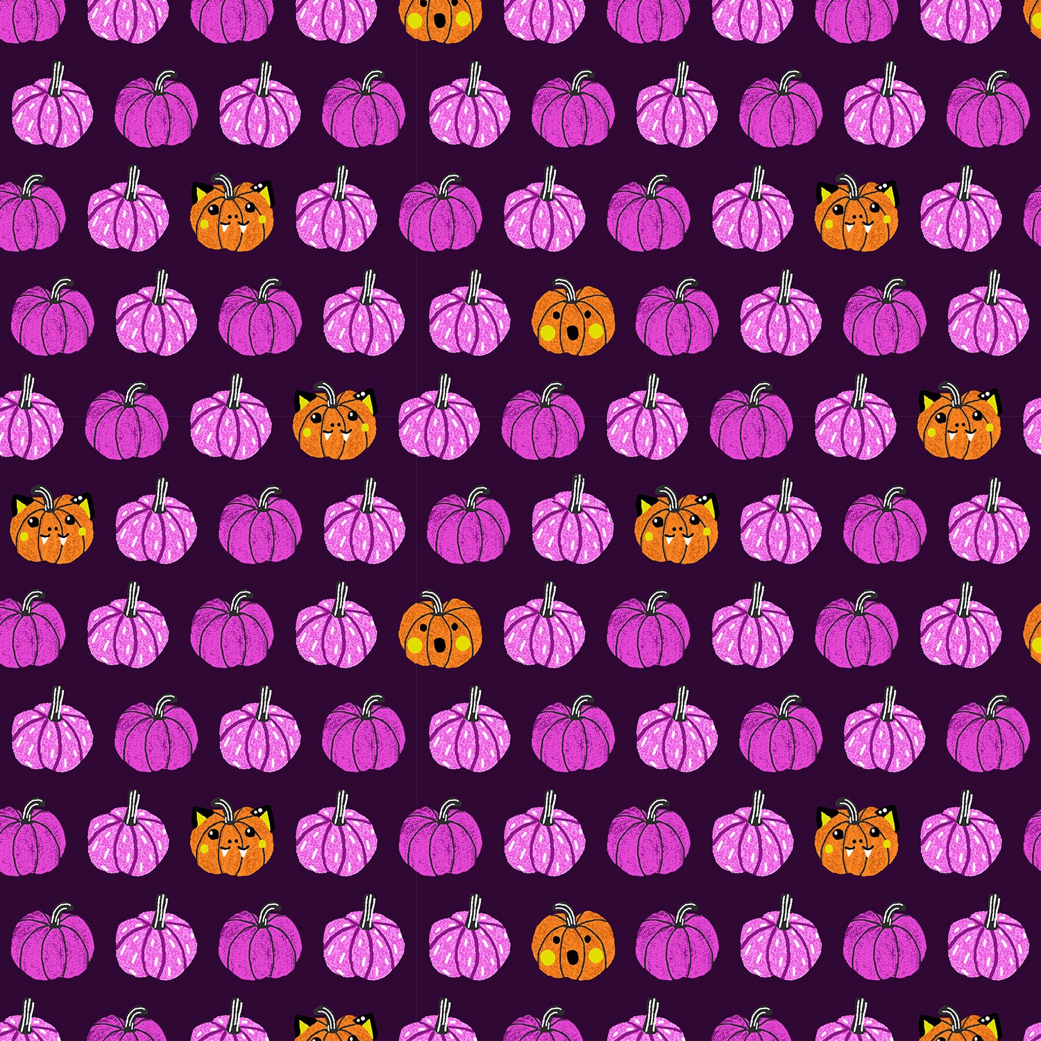 Pattern of pink pumpkins and orange pumpkins with black faces on a purple background