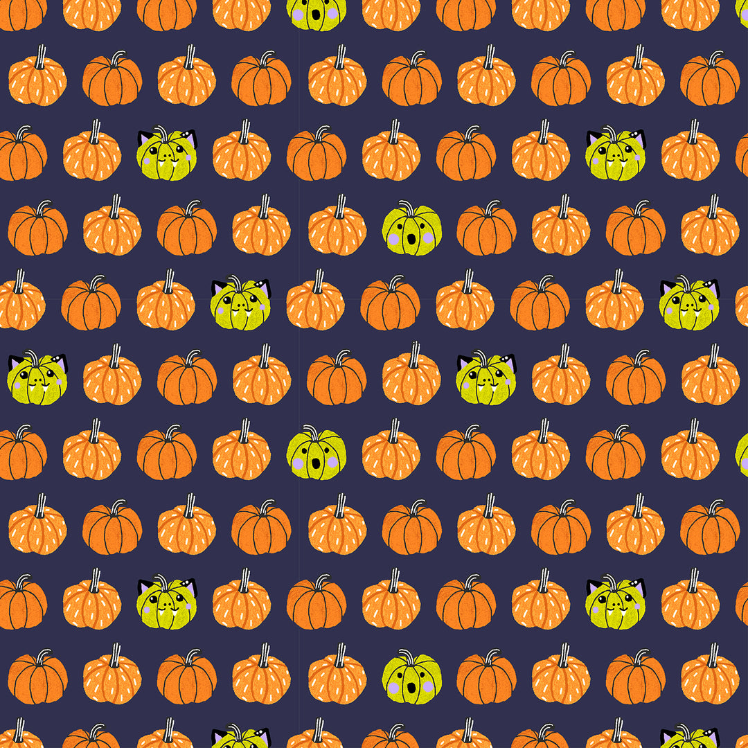 Pattern of orange pumpkins and green ghost pumpkins on a dark blue background
