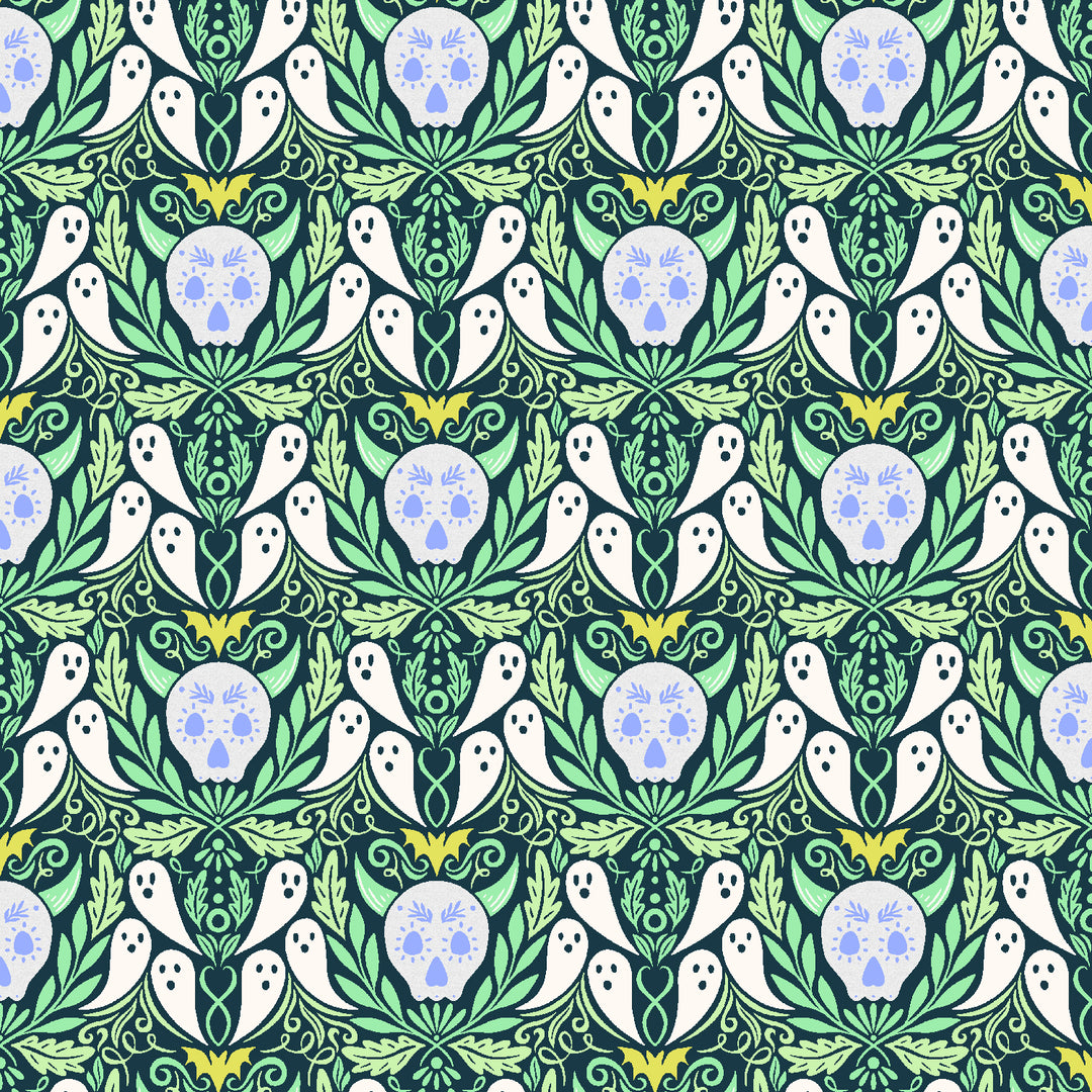 Cotton quilting fabric pattern called 'Ghosties & Ghoulies'. Part of the 'School of Magic' fabric collection. Designed by Carys Mula for fabric company Cotton and Steel. SKU: CM101-GG1P. 44-45 inch width.