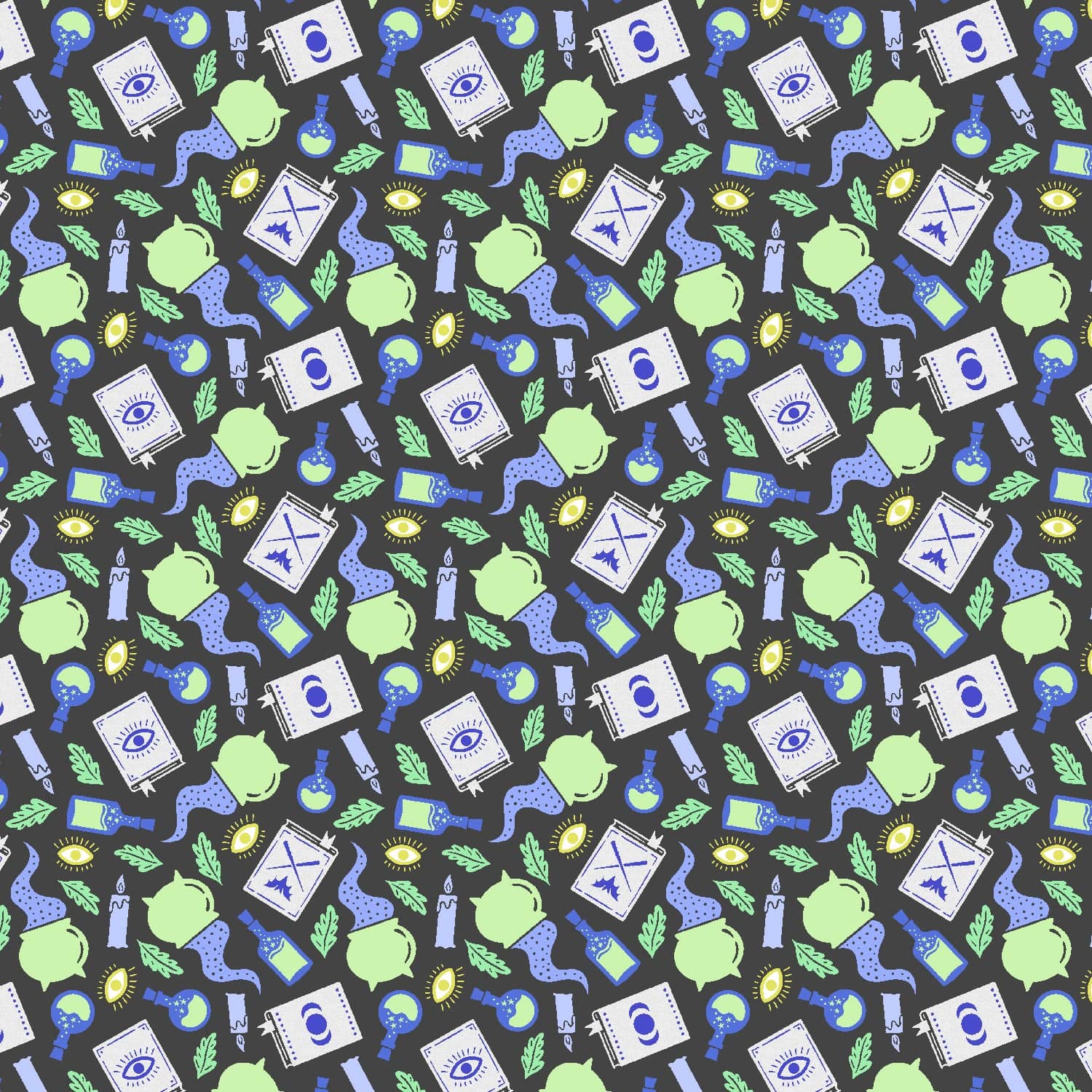 Cotton quilting fabric pattern called 'Potion Making'. Part of the 'School of Magic' fabric collection. Designed by Carys Mula for fabric company Cotton and Steel. SKU: CM103-EN1P. 44-45 inch width.