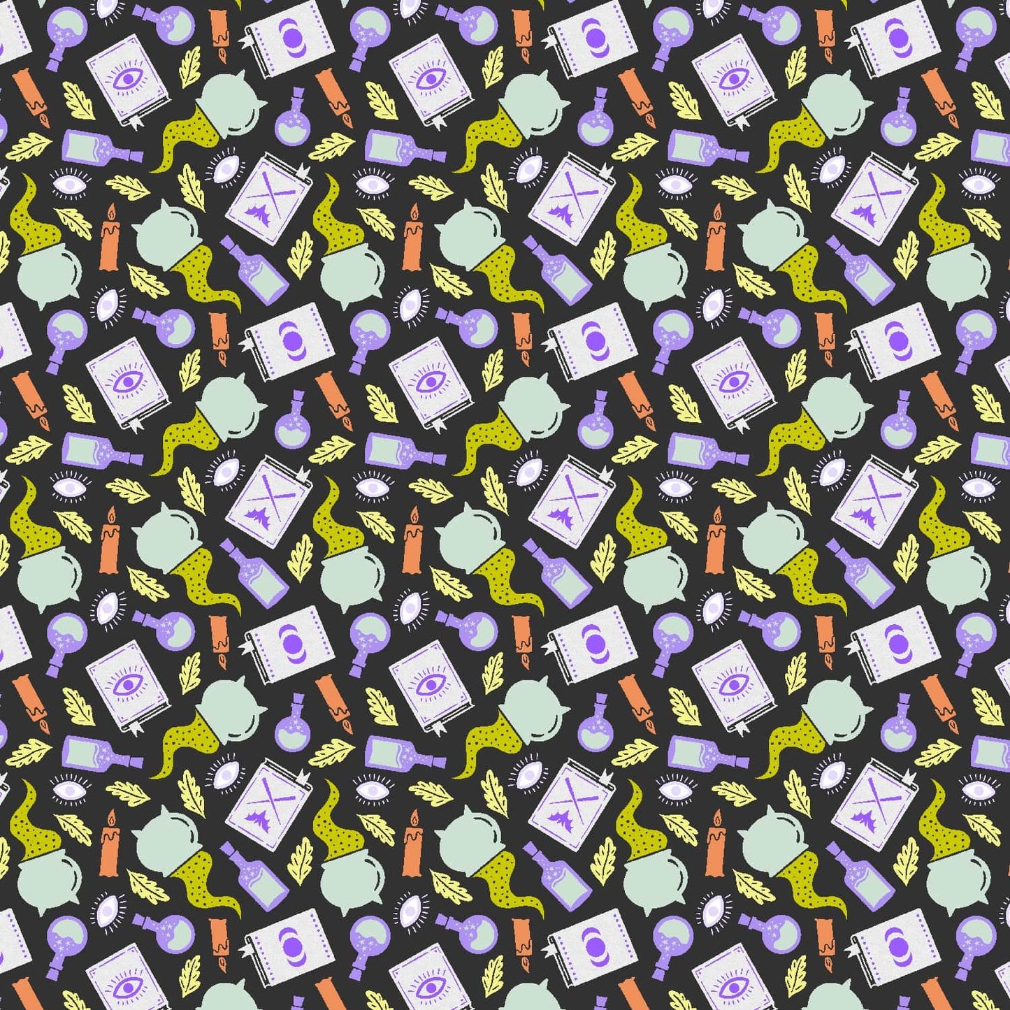 Cotton quilting fabric pattern called 'Potion Making'. Part of the 'School of Magic' fabric collection. Designed by Carys Mula for fabric company Cotton and Steel. SKU: CM103-SP2P. 44-45 inch width.
