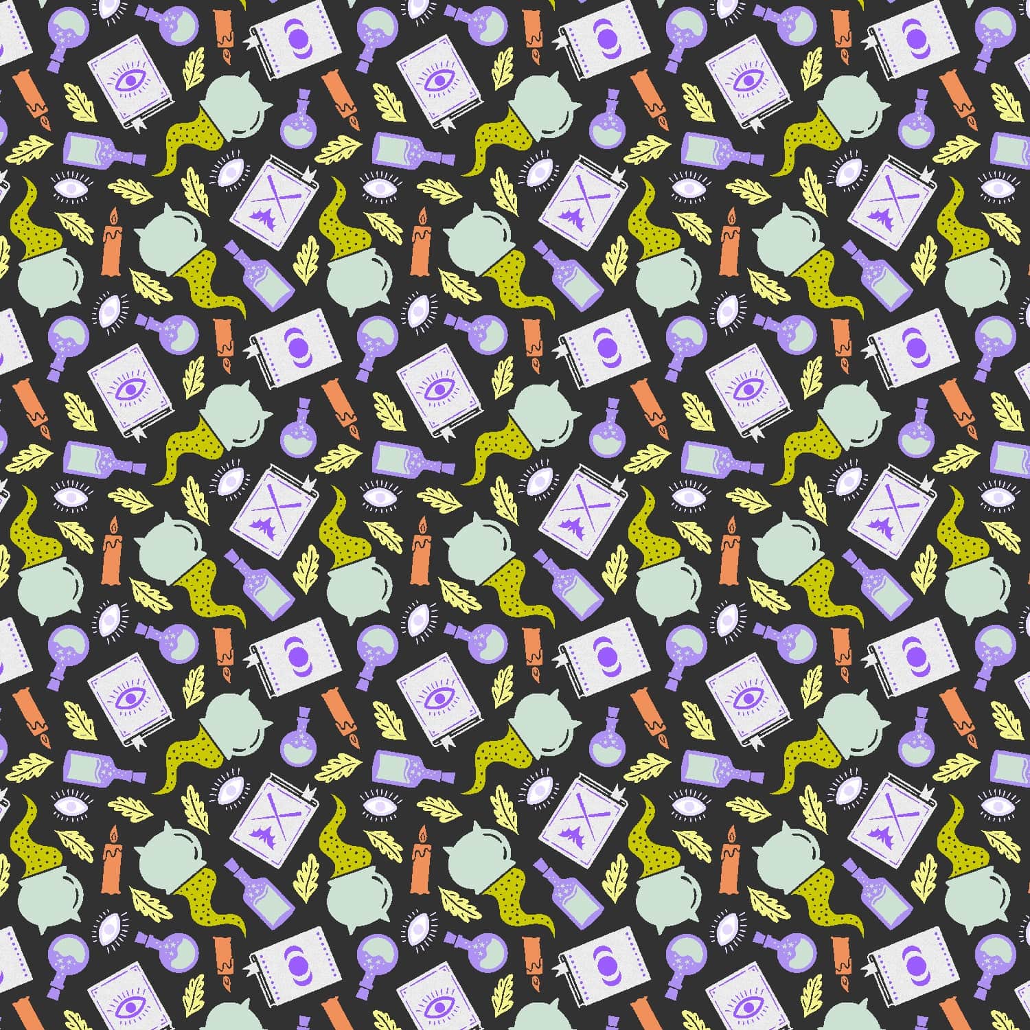 Cotton quilting fabric pattern called 'Potion Making'. Part of the 'School of Magic' fabric collection. Designed by Carys Mula for fabric company Cotton and Steel. SKU: CM103-SP2P. 44-45 inch width.
