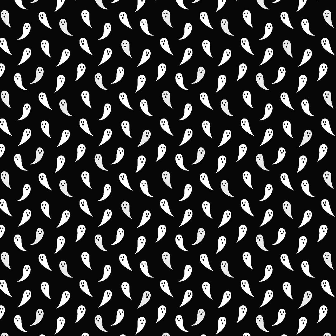 Cotton quilting fabric pattern called 'Boo...I'm a Ghost'. Part of the 'School of Magic' fabric collection. Designed by Carys Mula for fabric company Cotton and Steel. SKU: CM104-BA2P. 44-45 inch width.