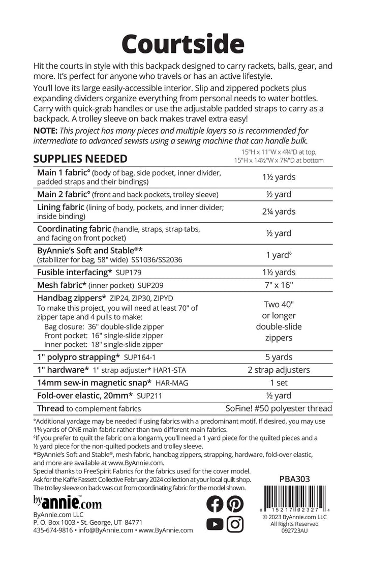 Courtside - Pattern by By Annie - Paper Pattern - PBA303