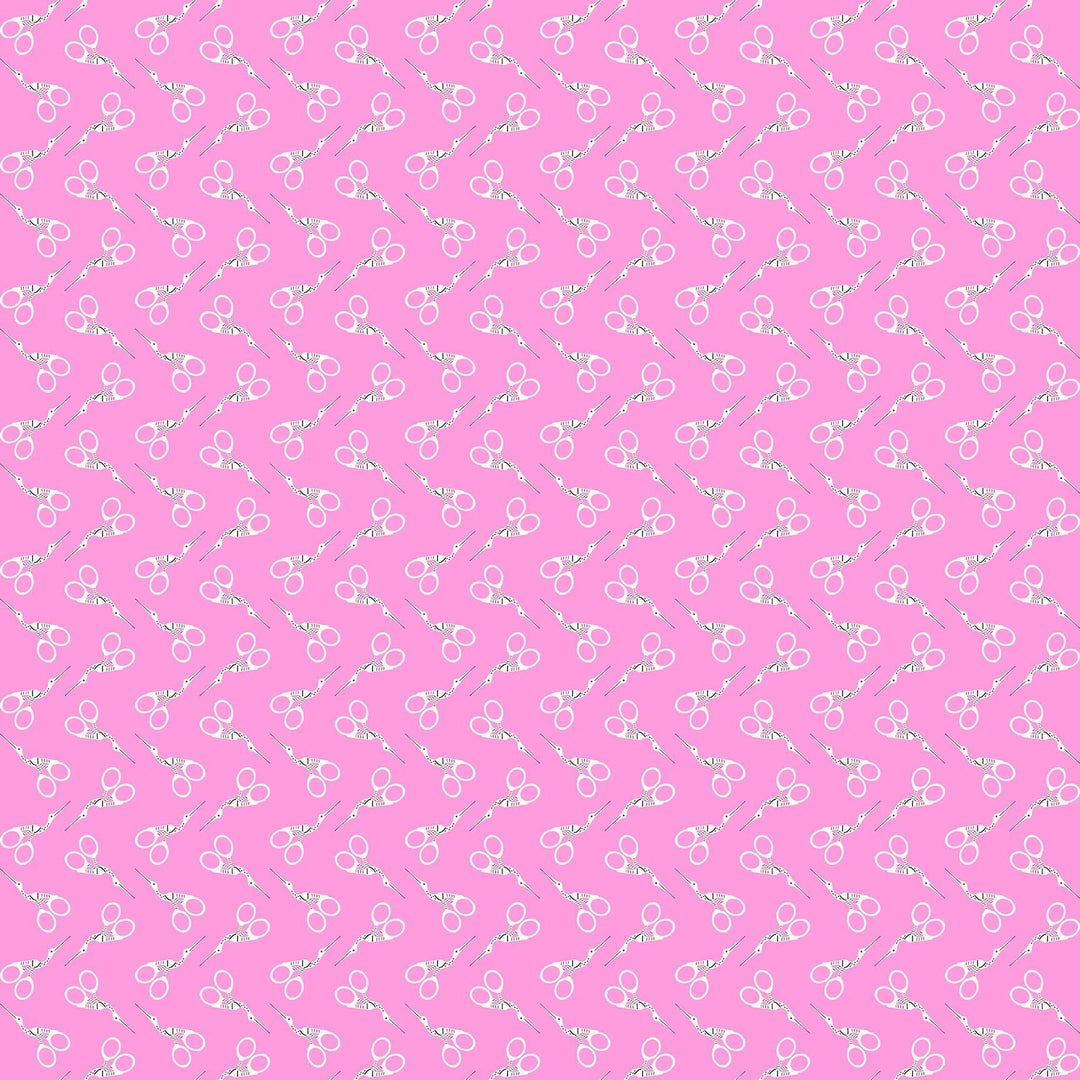 Scissors in Pink quilting fabric, part of the Bits & Bobs fabric collection by Sarah Hearts (SKU: 91270-21)
