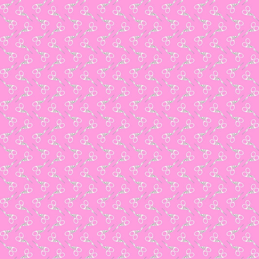 Scissors in Pink quilting fabric, part of the Bits & Bobs fabric collection by Sarah Hearts (SKU: 91270-21)