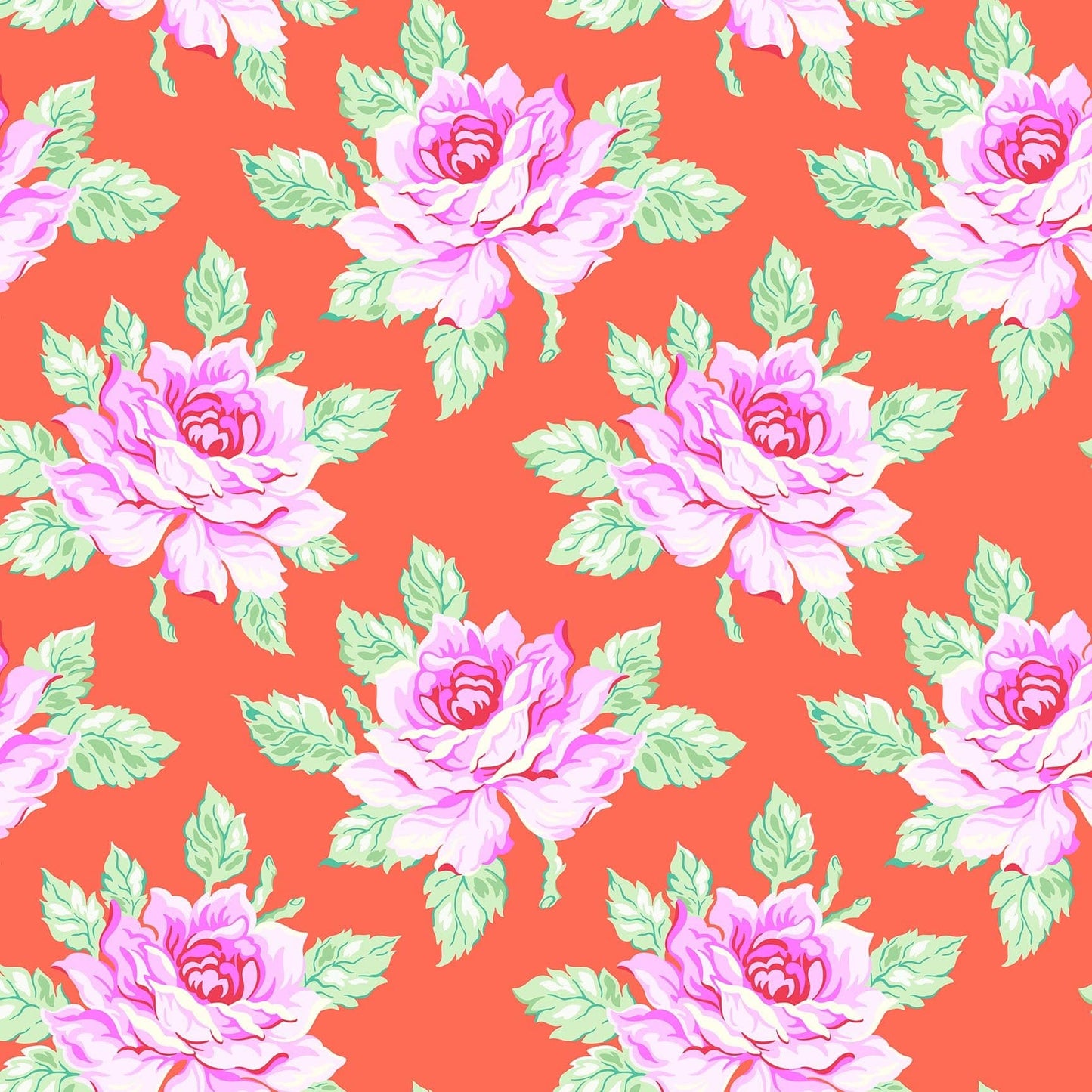 Hello Roses in Coral quilting fabric, part of the Daisy Crush fabric collection by Heather Bailey (SKU: 91279-26)