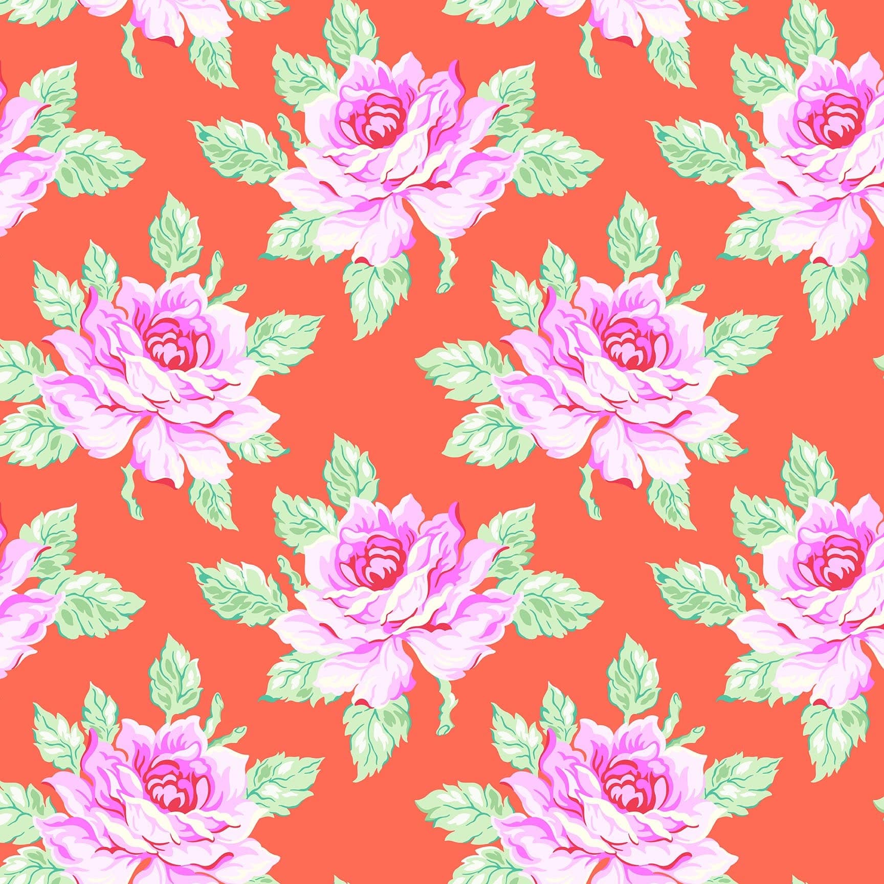 Hello Roses in Coral quilting fabric, part of the Daisy Crush fabric collection by Heather Bailey (SKU: 91279-26)