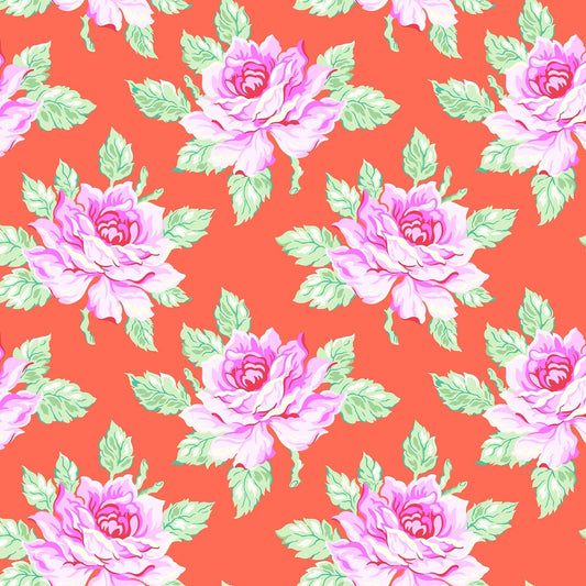 Hello Roses in Coral quilting fabric, part of the Daisy Crush fabric collection by Heather Bailey (SKU: 91279-26)
