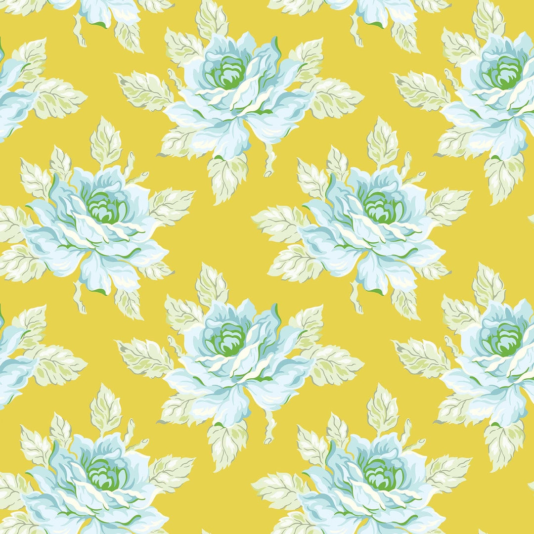 Hello Roses in Gold quilting fabric, part of the Daisy Crush fabric collection by Heather Bailey (SKU: 91279-51)