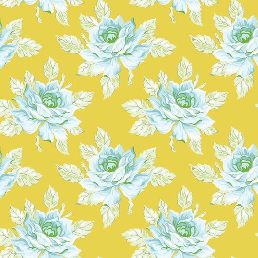 Hello Roses in Gold quilting fabric, part of the Daisy Crush fabric collection by Heather Bailey (SKU: 91279-51)