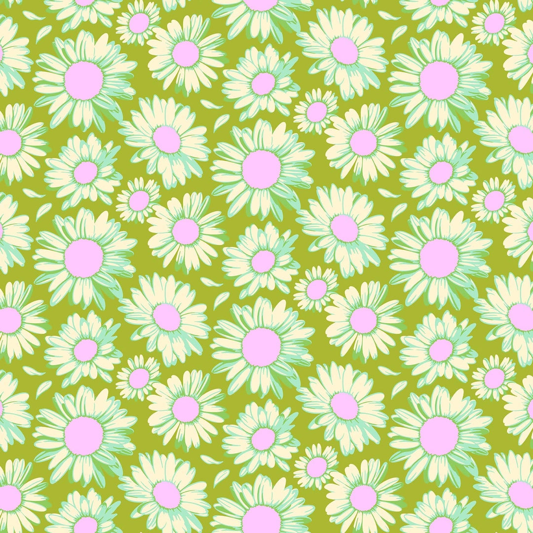 Sunshine Daises in Olive quilting fabric, part of the Daisy Crush fabric collection by Heather Bailey (SKU: 91281-73)