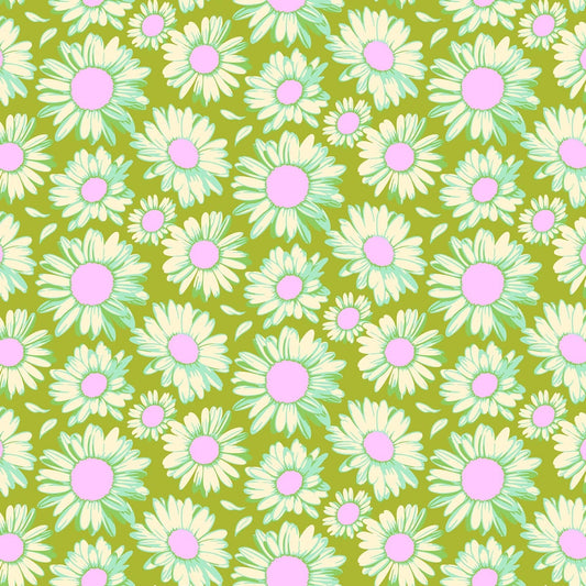 Sunshine Daises in Olive quilting fabric, part of the Daisy Crush fabric collection by Heather Bailey (SKU: 91281-73)