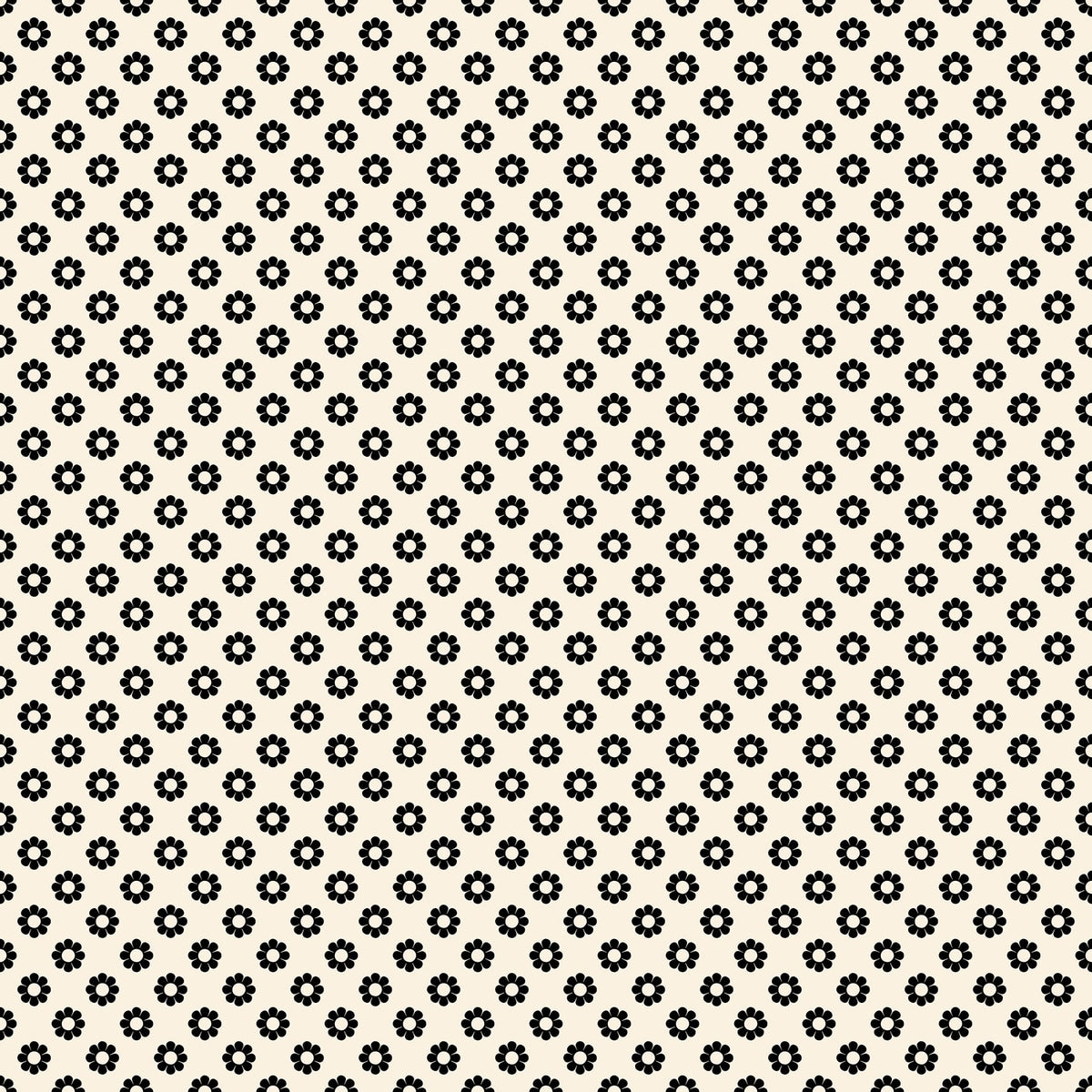 Moda's small stylized black daisies with white centers on natural Daisy Days by Ruby Star Society's Alexia Abegg cotton quilting fabric.