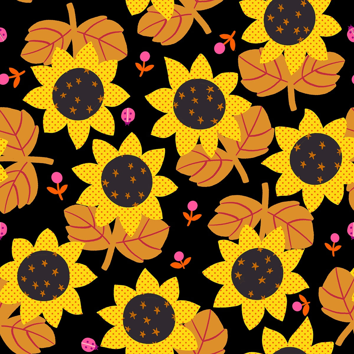 Moda's Daisy Days by Ruby Star Society's Alexia Abegg cotton quilting fabric: autumn sunflowers, leaves, berries, and ladybugs on black.