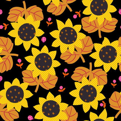 Moda's Daisy Days by Ruby Star Society's Alexia Abegg cotton quilting fabric: autumn sunflowers, leaves, berries, and ladybugs on black.