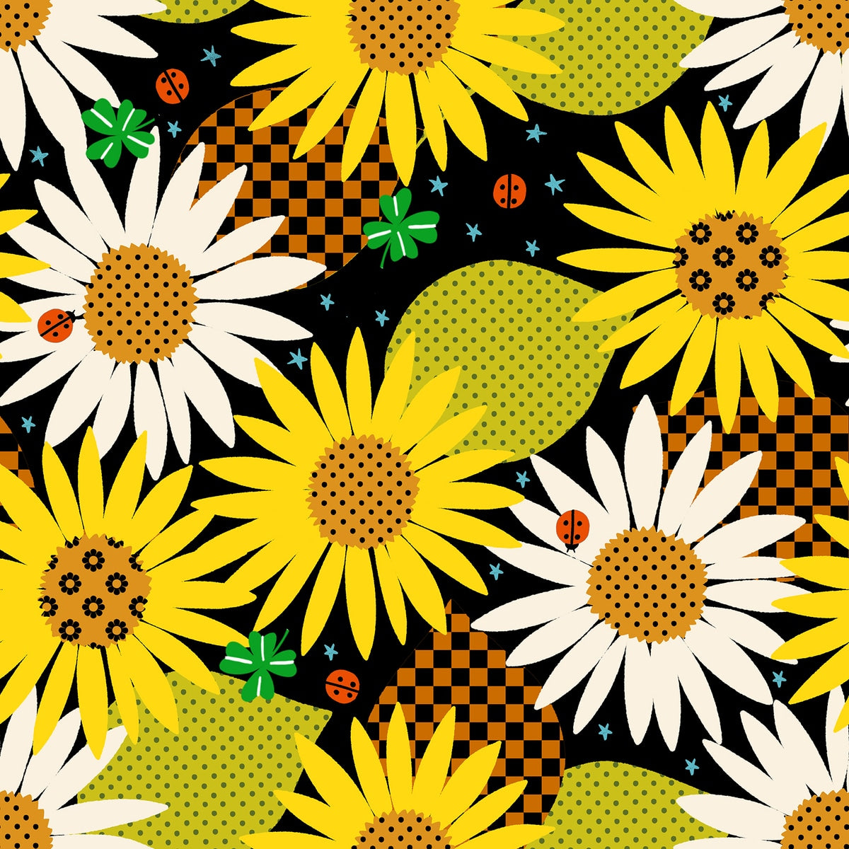 Ladybugs, sunflowers, and daisies on black Daisy Days by Ruby Star Society's Alexia Abegg cotton quilting fabric, with clovers and polka dots.