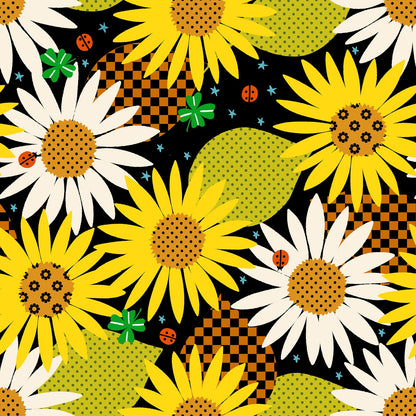 Ladybugs, sunflowers, and daisies on black Daisy Days by Ruby Star Society's Alexia Abegg cotton quilting fabric, with clovers and polka dots.