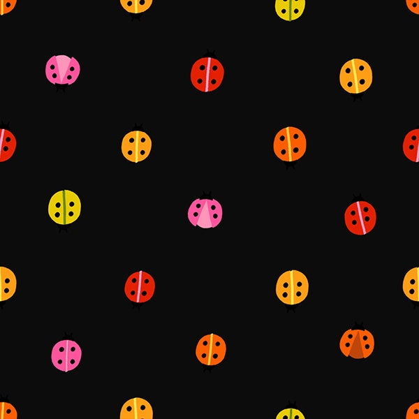 Colorful ladybugs on black Daisy Days by Ruby Star Society's Alexia Abegg cotton quilting fabric for nursery and garden projects.