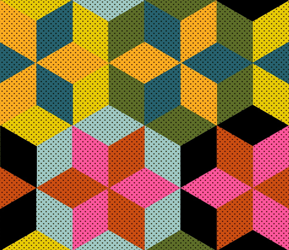 Moda's multicolor dotted 3D geometric cubes, an optical illusion on black Daisy Days by Ruby Star Society's Alexia Abegg cotton quilting fabric.