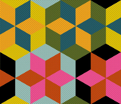 Moda's multicolor dotted 3D geometric cubes, an optical illusion on black Daisy Days by Ruby Star Society's Alexia Abegg cotton quilting fabric.