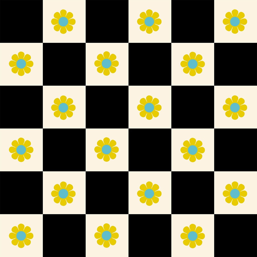 Moda's black and cream checkerboard with yellow and aqua flowers Daisy Days by Ruby Star Society's Alexia Abegg cotton quilting fabric
