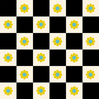 Moda's black and cream checkerboard with yellow and aqua flowers Daisy Days by Ruby Star Society's Alexia Abegg cotton quilting fabric