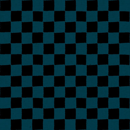 Moda's canvas galaxy checkerboard Daisy Days by Ruby Star Society's Alexia Abegg quilting fabric with alternating squares of deep teal and black.