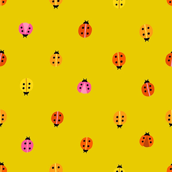 Moda's golden yellow ladybugs on cotton quilting fabric with coral, fuchsia, and lemon accents. Spring Daisy Days by Ruby Star Society's Alexia Abegg.