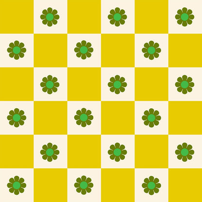 Yellow checkerboard cotton quilting fabric with green flowers from Daisy Days by Ruby Star Society's Alexia Abegg. Features mustard yellow and cream squares, each with a stylized olive green flower.
