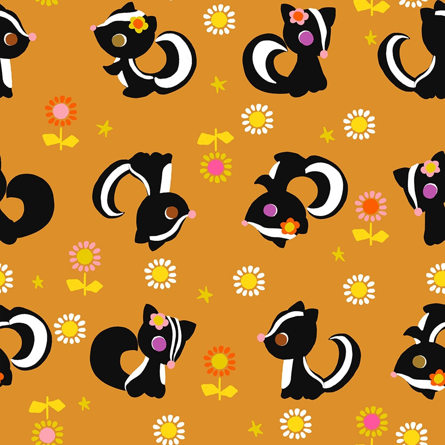 Moda's cute black and white woodland skunks, yellow flowers, and stars on honey orange cotton quilting fabric. Daisy Days by Ruby Star Society's Alexia Abegg.