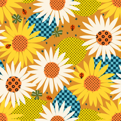 Honey daisies, geometric polka dots & checkerboards, clovers, ladybugs, stars on Moda's Daisy Days by Ruby Star Society's Alexia Abegg cotton quilting fabric.