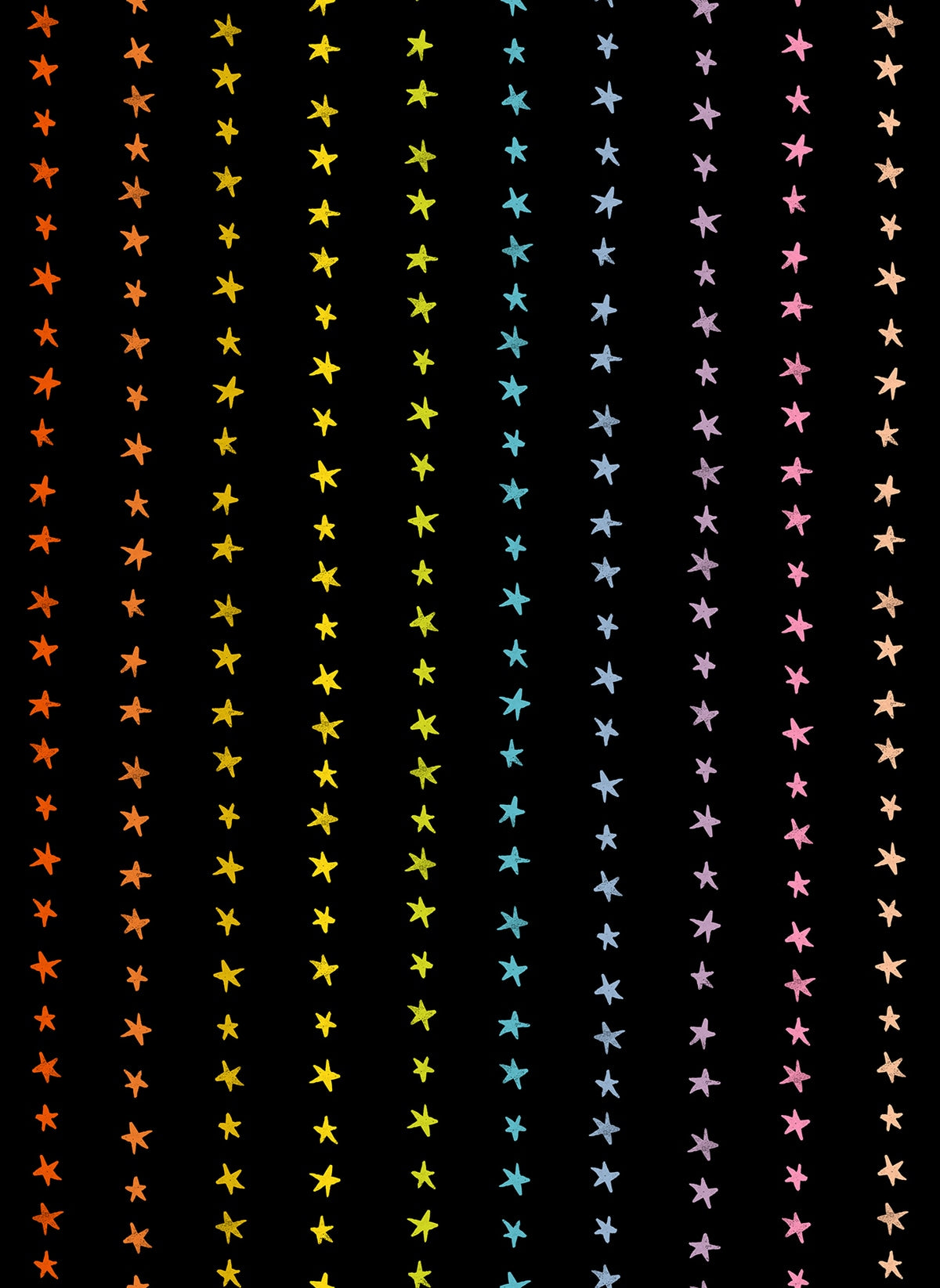 Moda's multi-color vertical rows of hand-drawn stars in a rainbow gradient on black cotton quilting fabric Daisy Days by Ruby Star Society's Alexia Abegg.