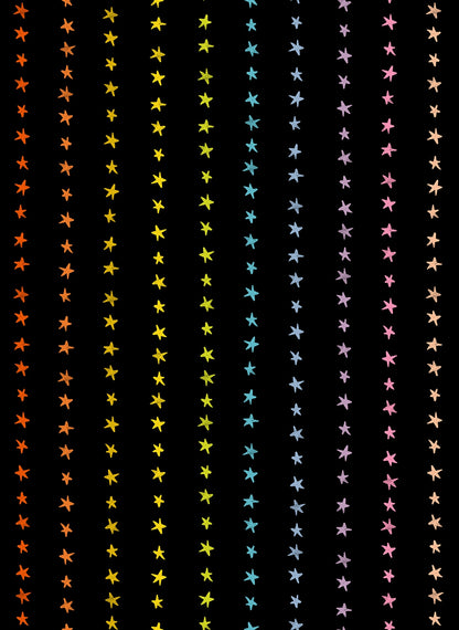 Moda's multi-color vertical rows of hand-drawn stars in a rainbow gradient on black cotton quilting fabric Daisy Days by Ruby Star Society's Alexia Abegg.