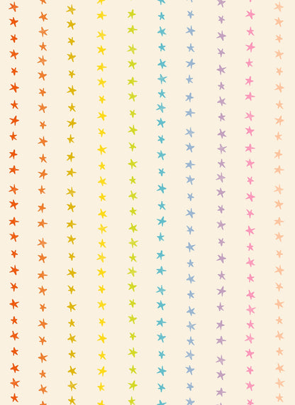Moda's rainbow stars on natural cotton quilting fabric with small hand-drawn stars in vertical stripes, Daisy Days by Ruby Star Society's Alexia Abegg.