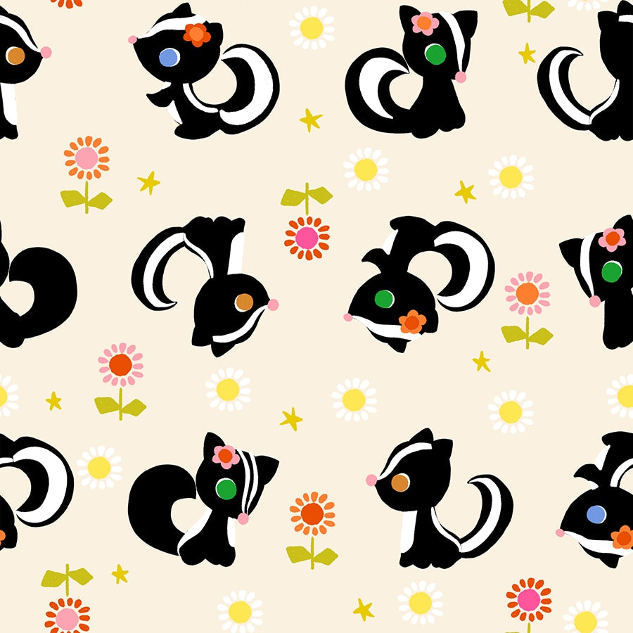 Cute skunks, pink and orange flowers, and stars on natural cream. Daisy Days by Ruby Star Society's Alexia Abegg cotton quilting fabric.