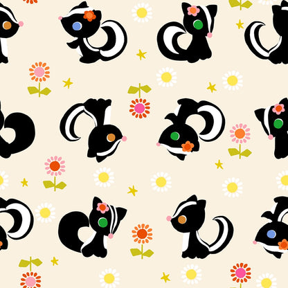 Cute skunks, pink and orange flowers, and stars on natural cream. Daisy Days by Ruby Star Society's Alexia Abegg cotton quilting fabric.