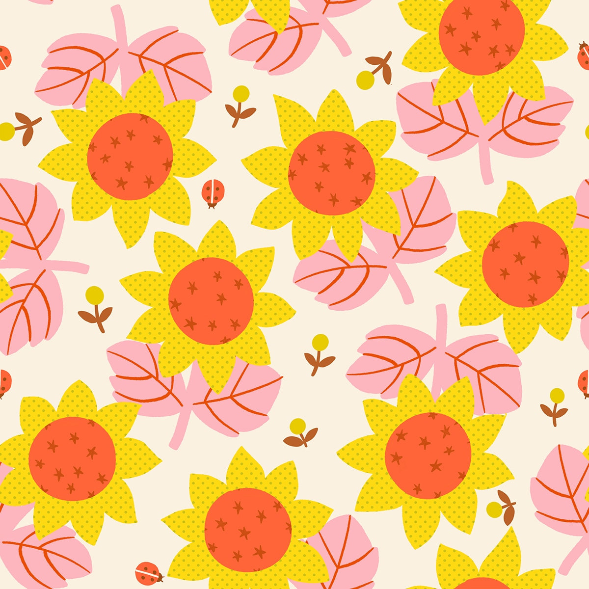 Moda's Daisy Days by Ruby Star Society's Alexia Abegg cotton quilting fabric. Garden theme with stylized sunflowers, pink leaves, ladybugs on natural.