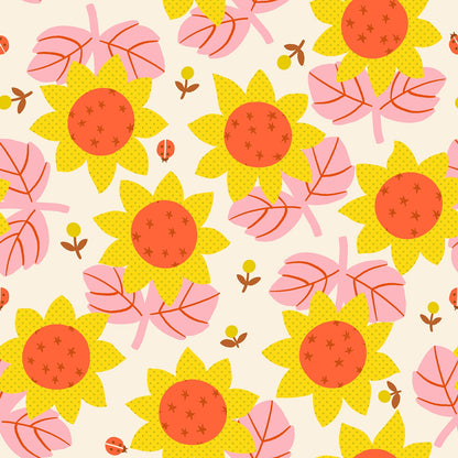 Moda's Daisy Days by Ruby Star Society's Alexia Abegg cotton quilting fabric. Garden theme with stylized sunflowers, pink leaves, ladybugs on natural.