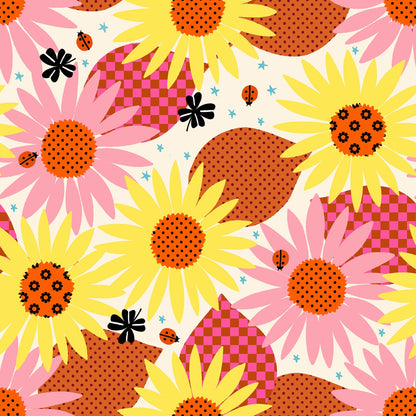 Daisy Days by Ruby Star Society's Alexia Abegg cotton quilting fabric with pink and yellow flowers, ladybugs, leaves, clovers, stars on a natural cream background.