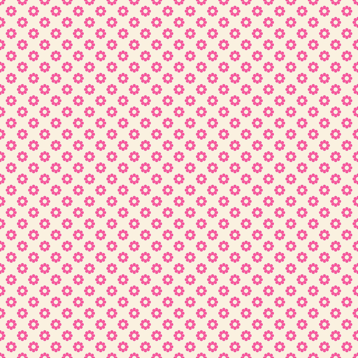 Moda's small neon pink flowers with white centers on cream Daisy Days by Ruby Star Society's Alexia Abegg cotton quilting fabric.