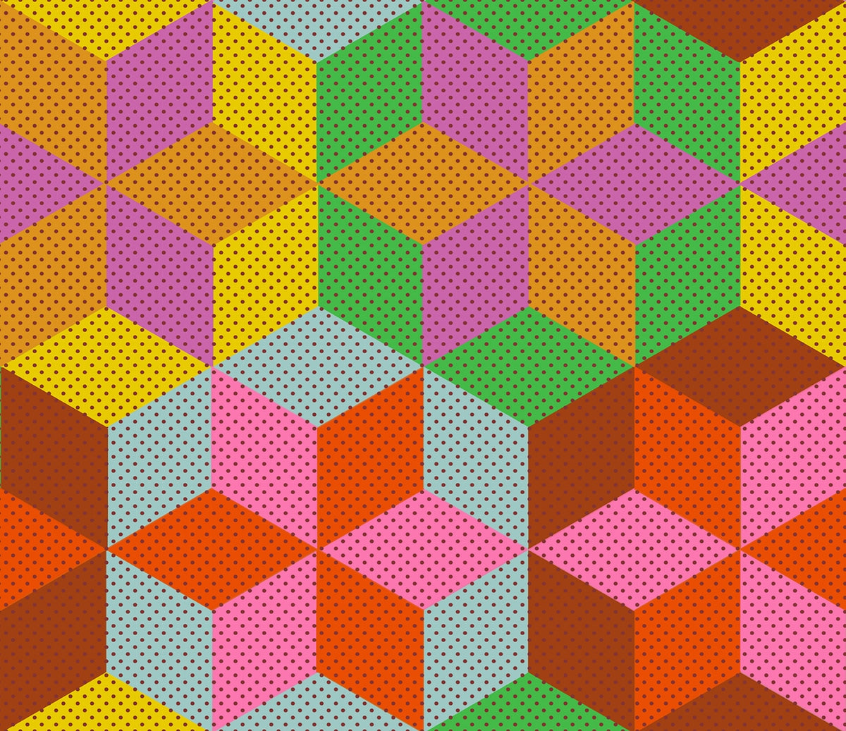 Vibrant colorful geometric cubes with polka dots on aqua cotton quilting fabric. Daisy Days by Ruby Star Society's Alexia Abegg.