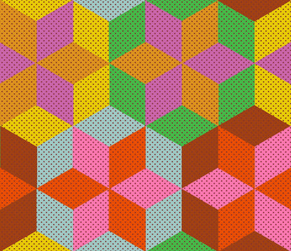 Vibrant colorful geometric cubes with polka dots on aqua cotton quilting fabric. Daisy Days by Ruby Star Society's Alexia Abegg.
