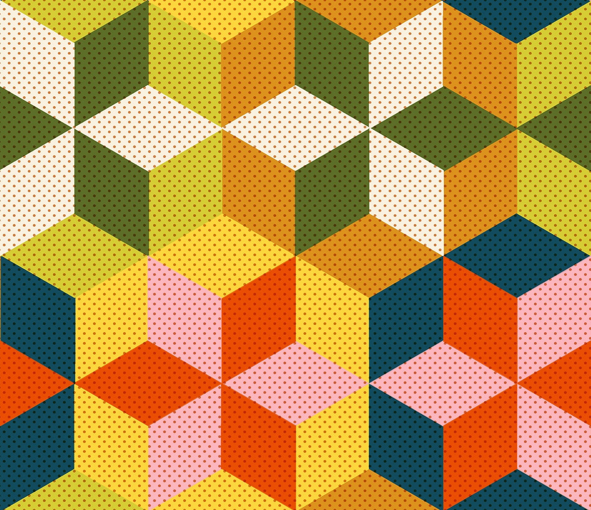 Colorful geometric cubes with polka dots in mustard, lime, and pistachio Daisy Days by Ruby Star Society's Alexia Abegg cotton quilting fabric.