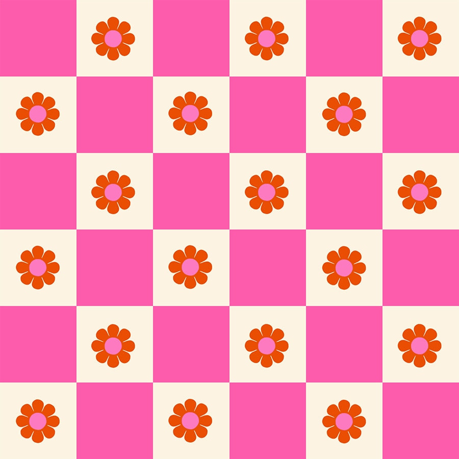 Moda's playful hot pink checkerboard daisies Daisy Days by Ruby Star Society's Alexia Abegg cotton quilting fabric with cream and orange.
